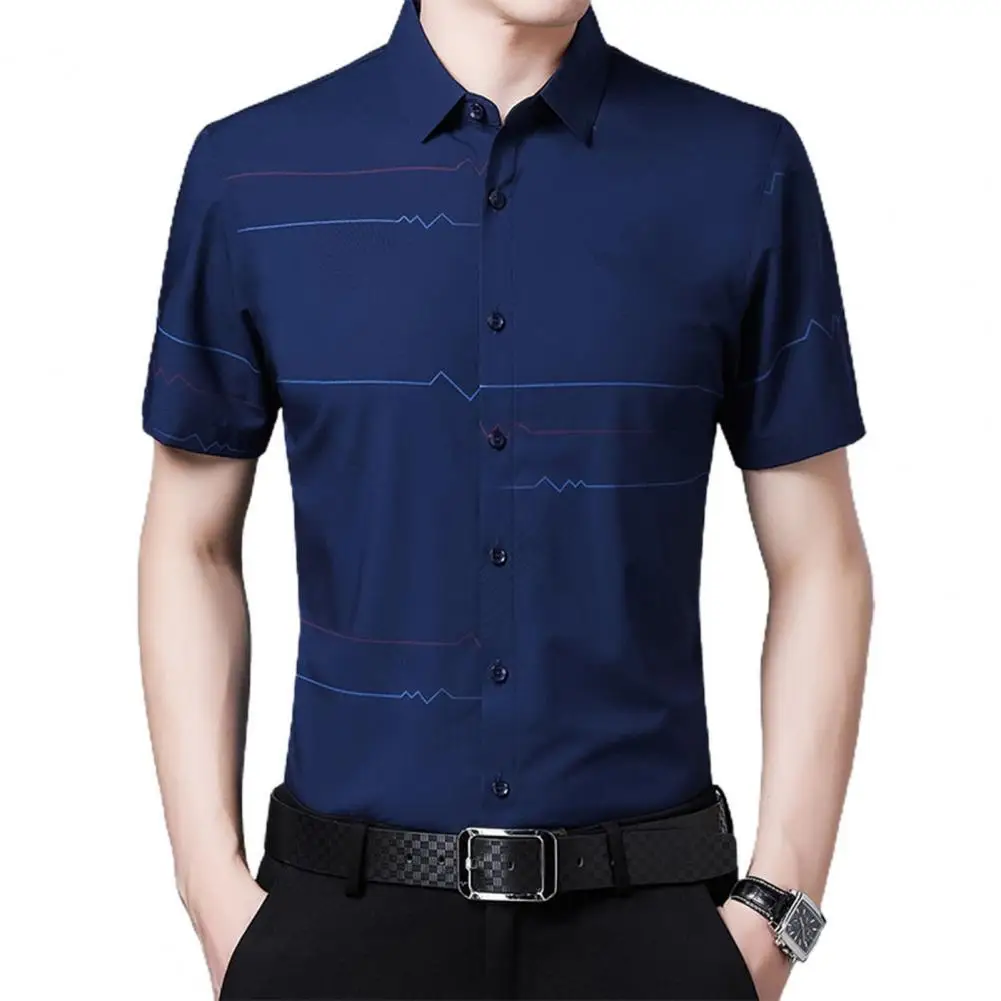 

Men Social Shirt Wave Pattern Buttons Summer Lapel Short Sleeve T-shirt for Business Men Clothing Office Wear Navy Blue M-3XL