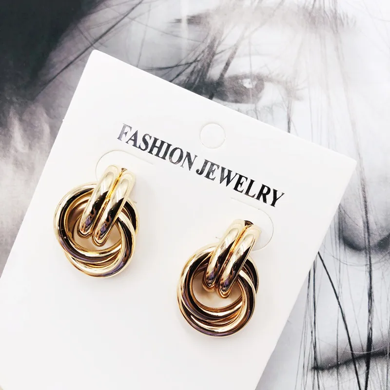 Stylish geometric earrings simple round double layer pendant gold metal big party holiday decorations | Украшения и аксессуары