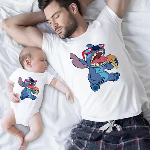 Комплект одежды для семьи Disney Stitch для Отца и Сына, летние топы с коротким рукавом для мамы и дочки, боди, Одинаковая одежда, Детская футболка