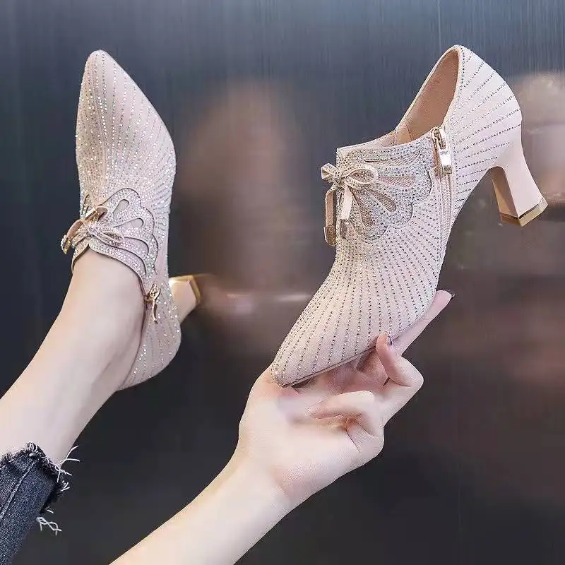 

Women Sexy High Heel Spring Autumn Bling Rhinestone Fairy Style Pointed-Toe Bow Stiletto With Zipper Woman Outdoor Leisure Shoes