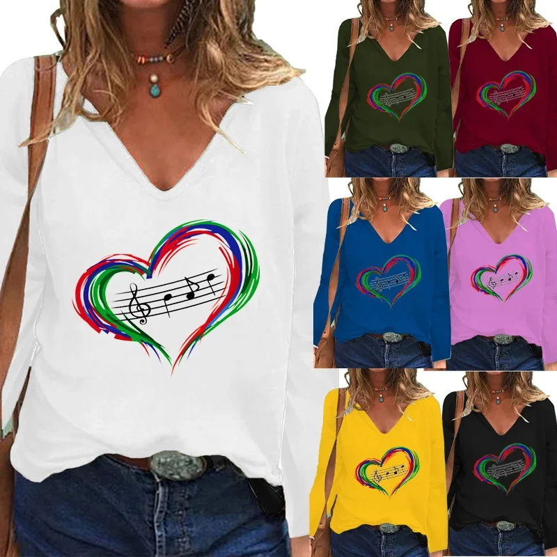 

Autumn and Winter Women Clothing Solid Color Fashion Printing Graphic Tee Long Sleeve V-neck Pullover Loose Shirt XS-5XL