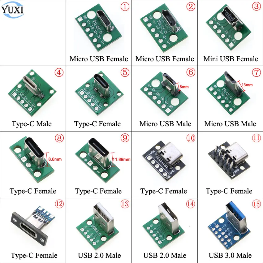 

YuXi 1pc Micro Mini USB Type-C USB 2.0 3.0 Male Female Connector Data Charging Cable Jack Test Board