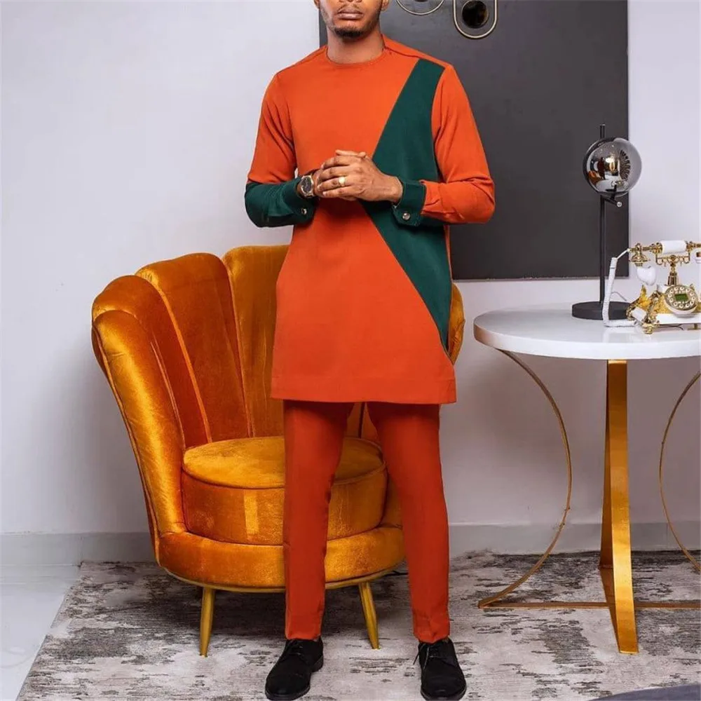 

Men'sOutfit Shirt And Pants 2 Pieces 2022 Spring Autumn Long Sleeves Fashion Color Block Patchwork Ethnic Men's Clothes Man Sets