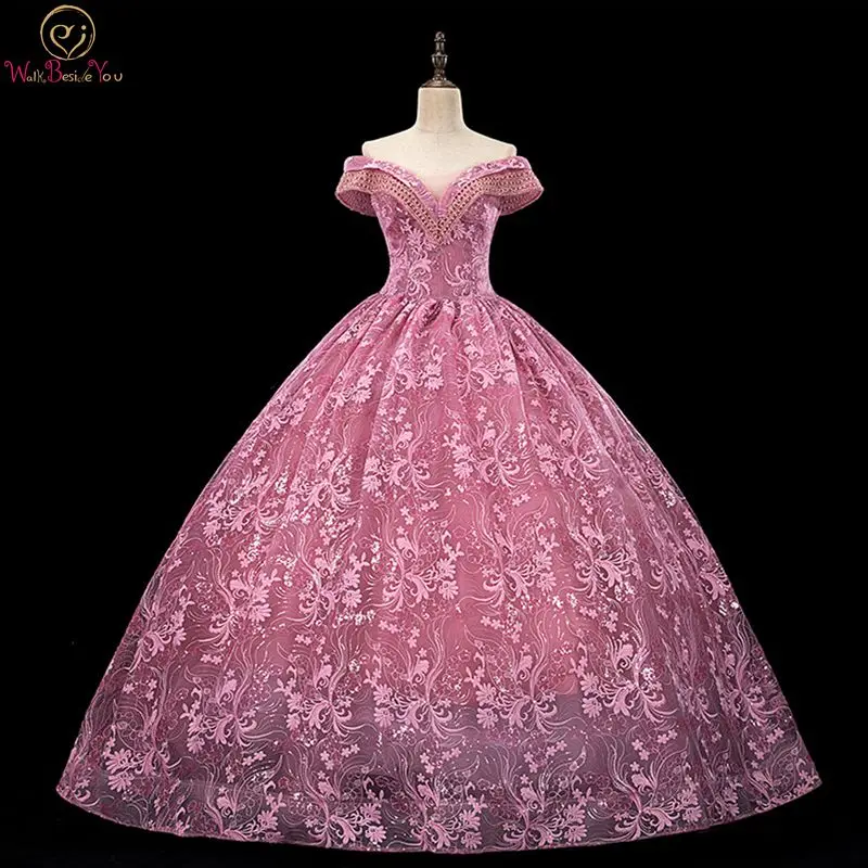 

Розовые выпускные платья, кружевное бальное платье 2020, с открытыми плечами, бисером, жемчугом, длинное выпускное официальное женское вечерн...