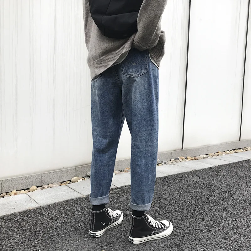 

Autumn and winter jeans male students korean fashion loose casual versatile straight cropped pants long pants
