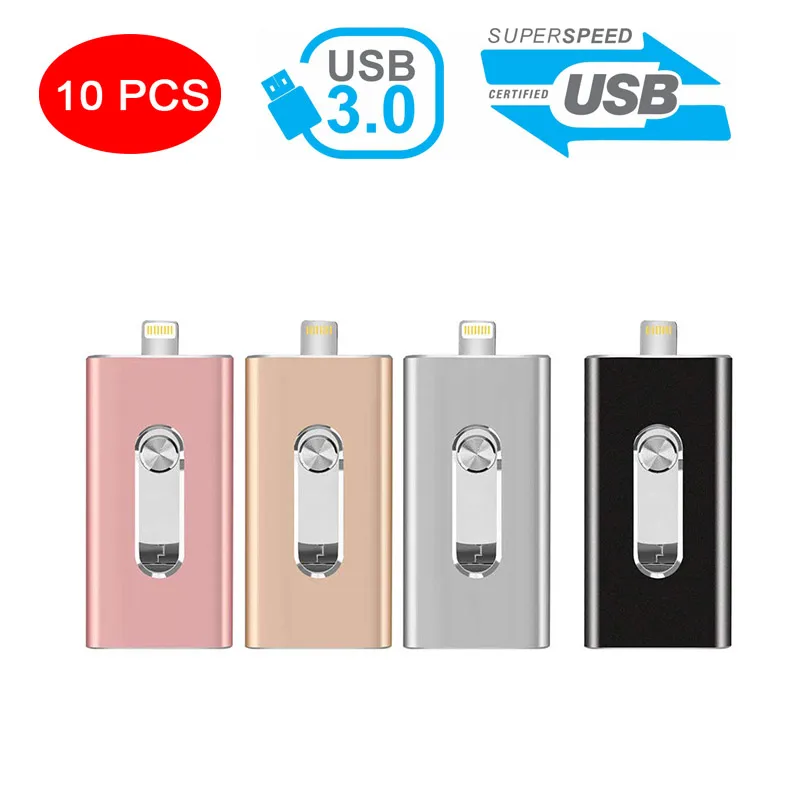 10 шт./Лот OTG USB флэш накопитель 16G32G64G128G для iPad iPhone накопитель/6/6S/7/7plus/8/X/XS/XR 3 в 1 Android