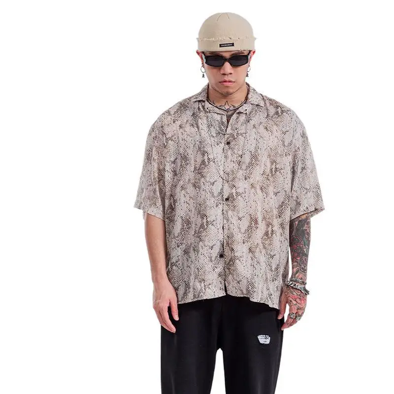 

Vivgae shirt men's summer fashion brand rascal short sleeve shirt with snakeskin pattern