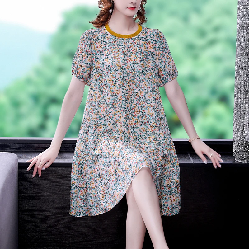 

Summer Elegant Loose M-4XL Plus Size Beach Dress 2021 Fashion Vintage Casual Print Chiffon Midi Dress Women Slim Party Vestidos