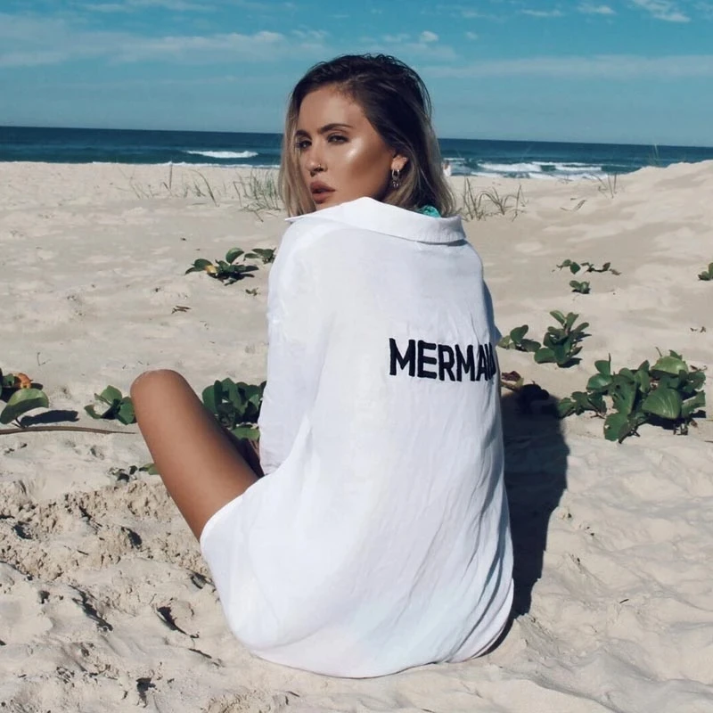 Пляжная накидка с надписью одежда для плавания вышивкой русалки Пляжное Пончо