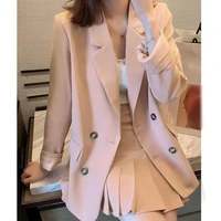 spring fall female suits women sweet 2 pieces pink office blazer top and pleated skirt suits casual soild work mini skirt sets