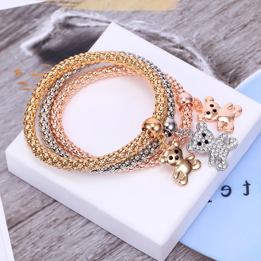 

Cute Bear Crystal Charm Bracelets for Women Fashion Luxury Jewelry Gift Elastic Popcorn Chain 3pcs/set Adjustable Bracelet 2021