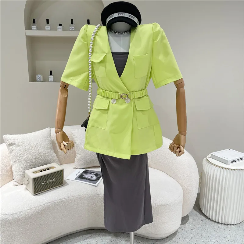 

Women's Spring Summer 2021 Fashion Temperament bubble sleeve double breasted suit Medium length suit coat