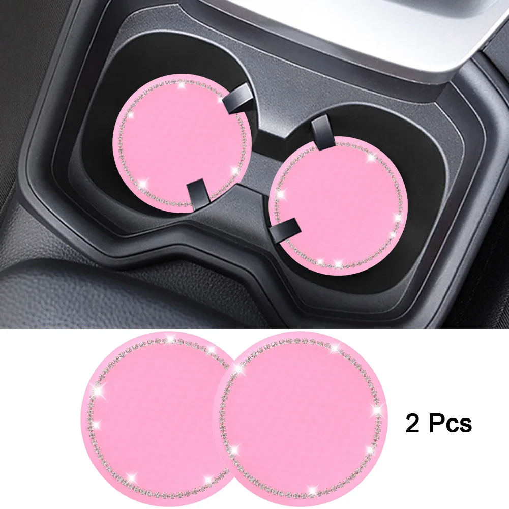 

2psc 2.75 Inch Car Coasters Pad Pink Cup Holder Mat Rhinestone Rubber Mat Round Auto Interior Accessories