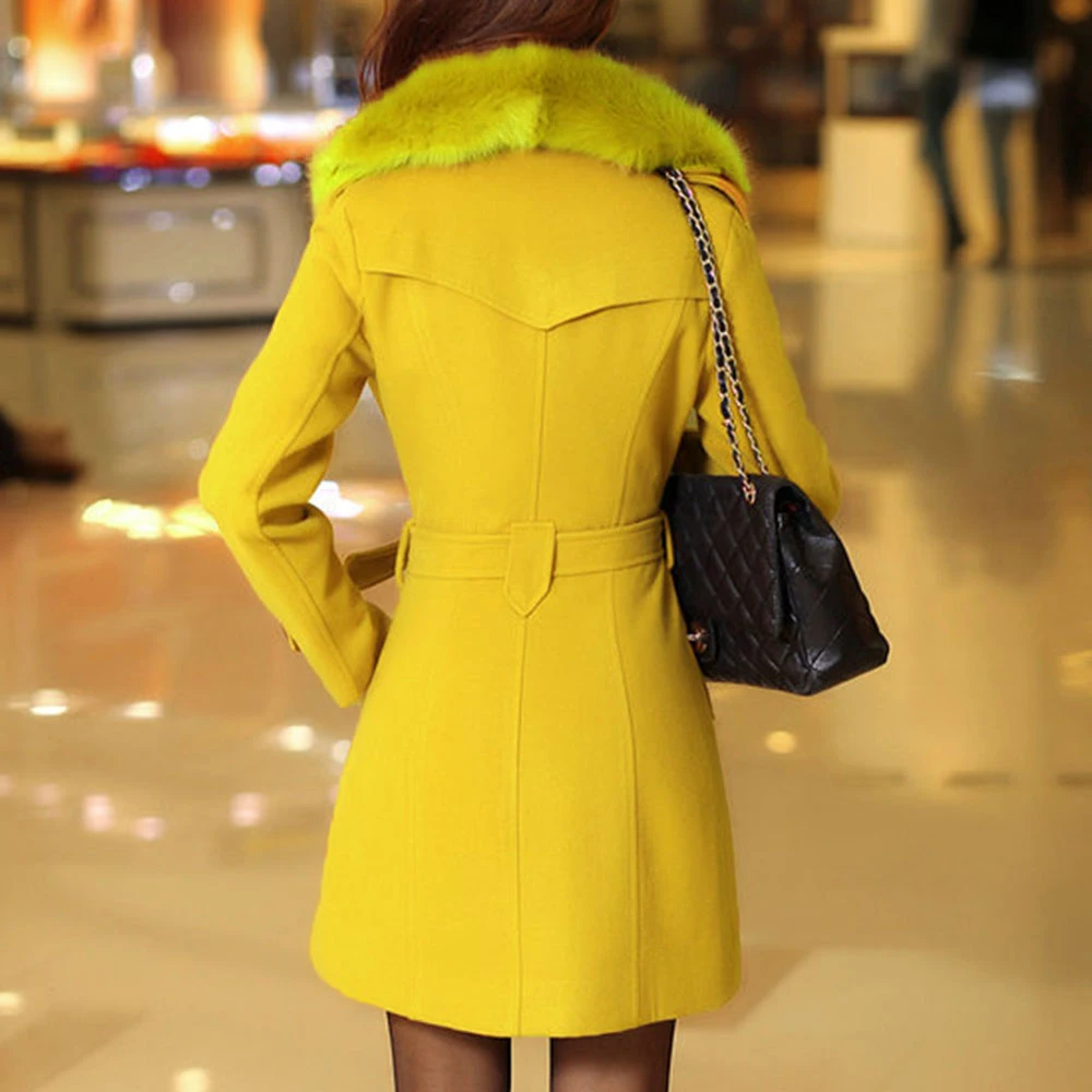 Женское Шерстяное полупальто длинное двубортное офисное пальто с поясом