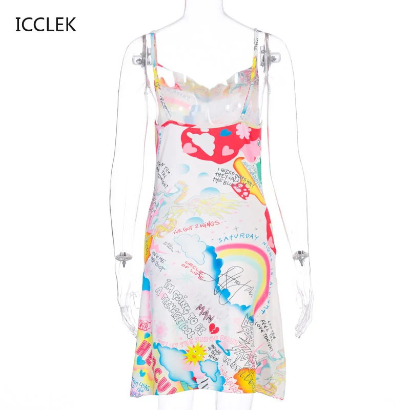 

ICCLEK Sweet Cute Basic Graphic Sling Dresses Women High Streetwear 2021 Summer Harajuku Loose Slim Mini Dress Female
