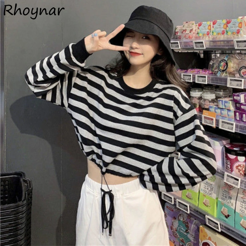 

T-shirts Women Long Sleeve Shirring Striped Design Aesthetic Clothing Female Streetwear Girls All-match Tops Tees Harajuku Ins