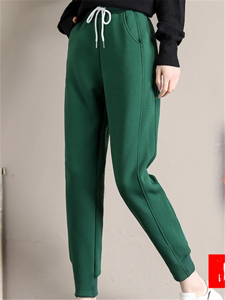 

Plush Pants Women Loose Leggings 2021 Winter New Cotton Trousers Thickened Cashmere Warm Sports Style Solid Colour Pocket trend