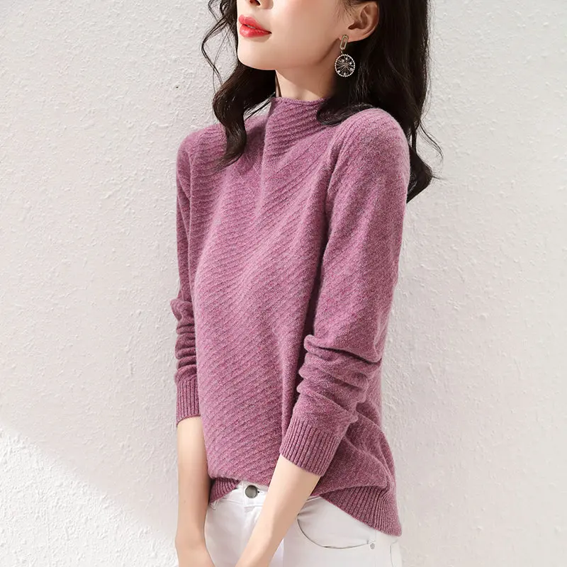 2020 Autumn and Winter New 100% Pure Wool Semi-high Round Neck Woolen Sweater Women's slim Slim Pullover Warm Light Sweate | Женская