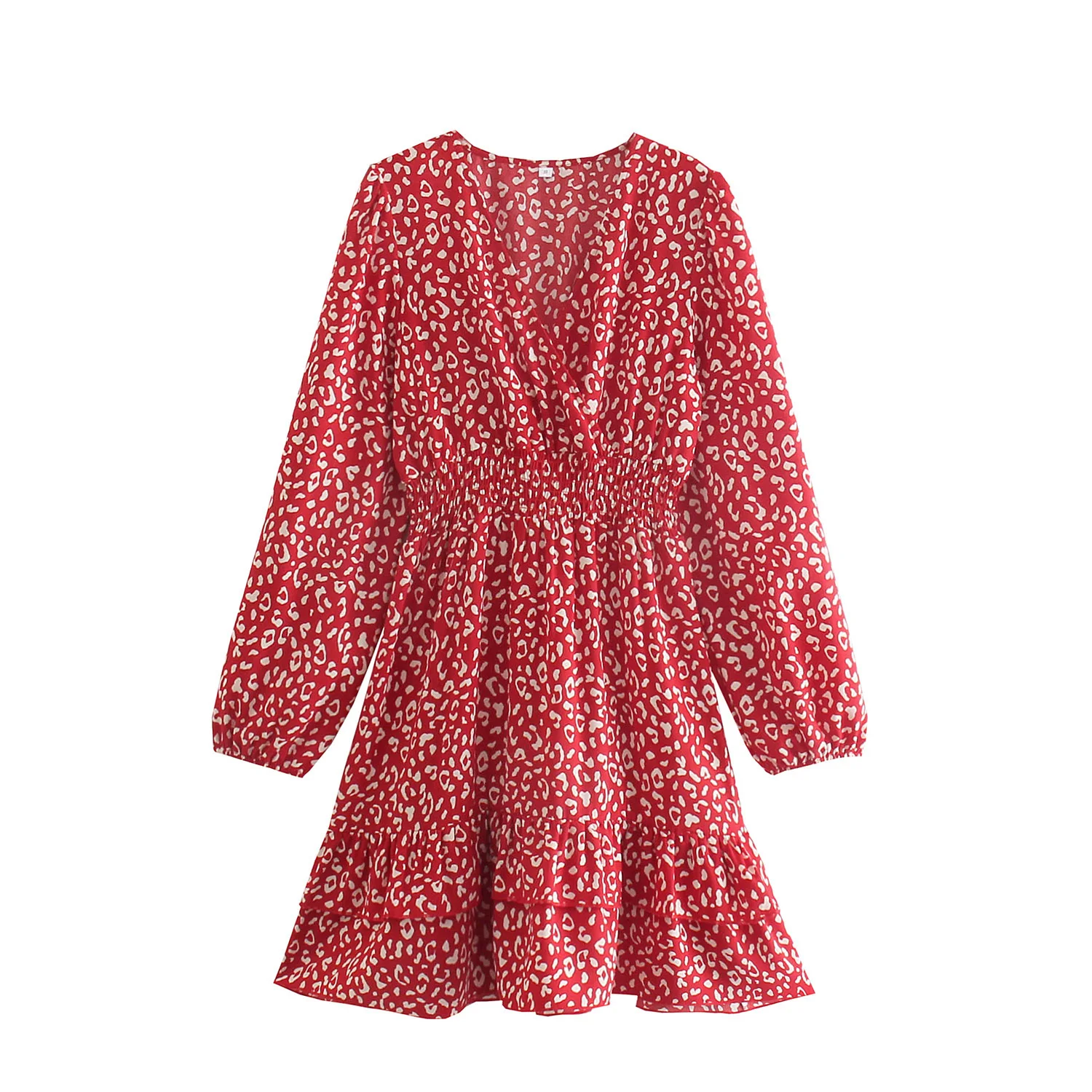 

2022 Fashion Women Red Leoard Print Dress Long Sleeve Office Ladies Mini Dress