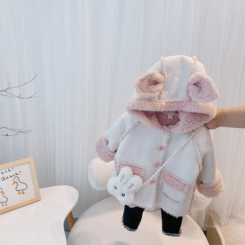 

Cute Rabbit Winter Coat Girl Jacket Thick Warm Clothes for Kids Outerwear Girls 2-6T Fur Coat with bag Toddler Girl