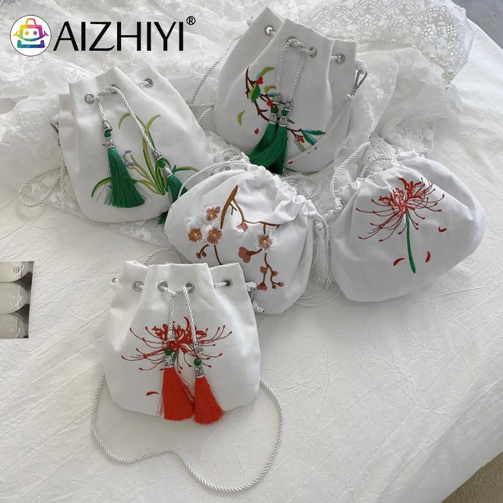 

Flower Plant Embroidery Tassel Drawstring Handbag All-match Chinese Style Women Canvas Flower Plant Embroidery Shoulder Bag