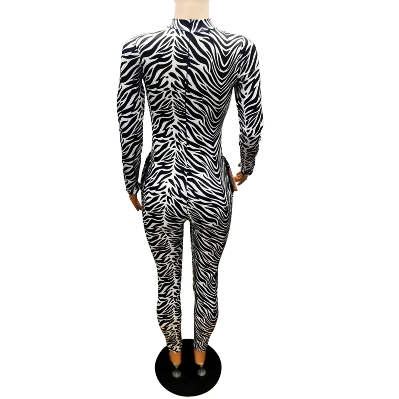 

Zebra Fire Print Sexy Jumpsuit Turtleneck One Piece Outfit Long Sleeve Body Overalls Bodycon Rompers Womens Jumpsuit