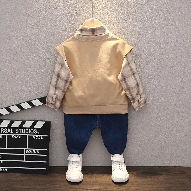 

Autumn 2020 new casual children's clothing for boys and girls 0-4 years old sweetheart collar plaid three-piece children's suit