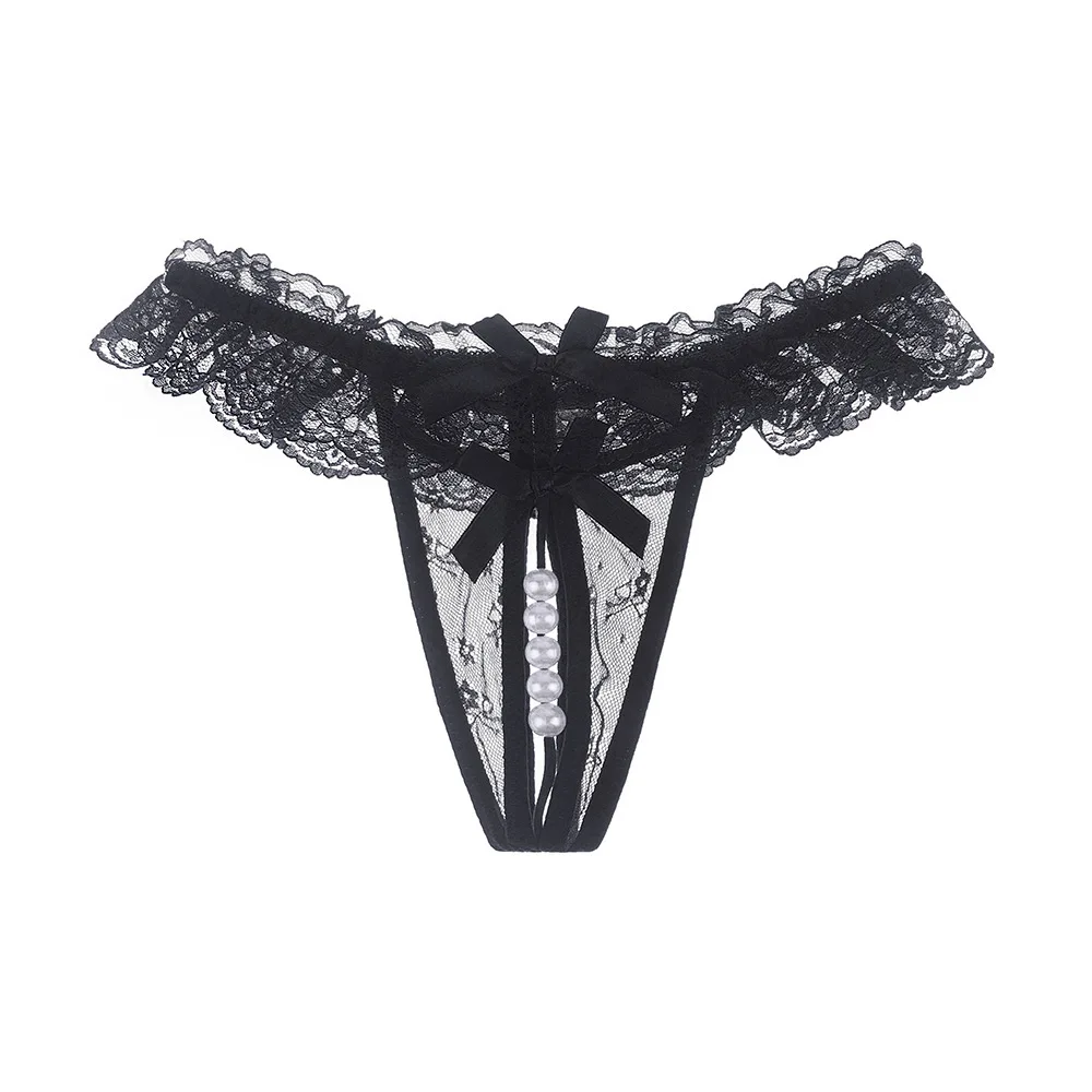 

sexy panties lace crotchless thongs G strings tempting open crotch low waist pearl thong ladies panties with beadings for women