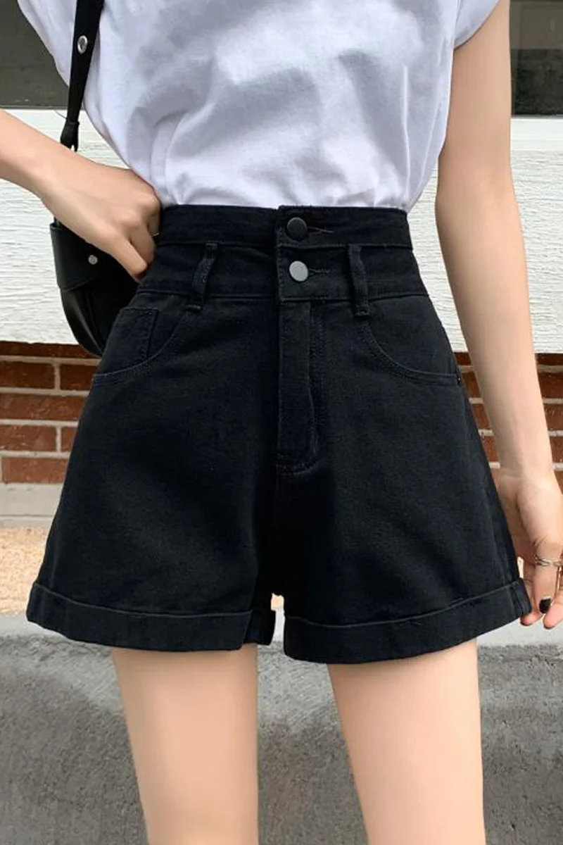 Черные джинсовые шорты женские летние тонкие свободные с высокой талией новый