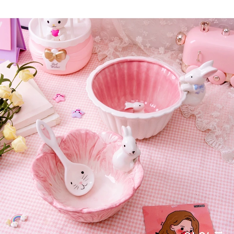 Cute Bunny Ceramic Bowl Flower Shaped Fruit Salad Bowl Yogurt Dessert Bowl Ins Tableware Oatmeal Breakfast Bowl 2020 New