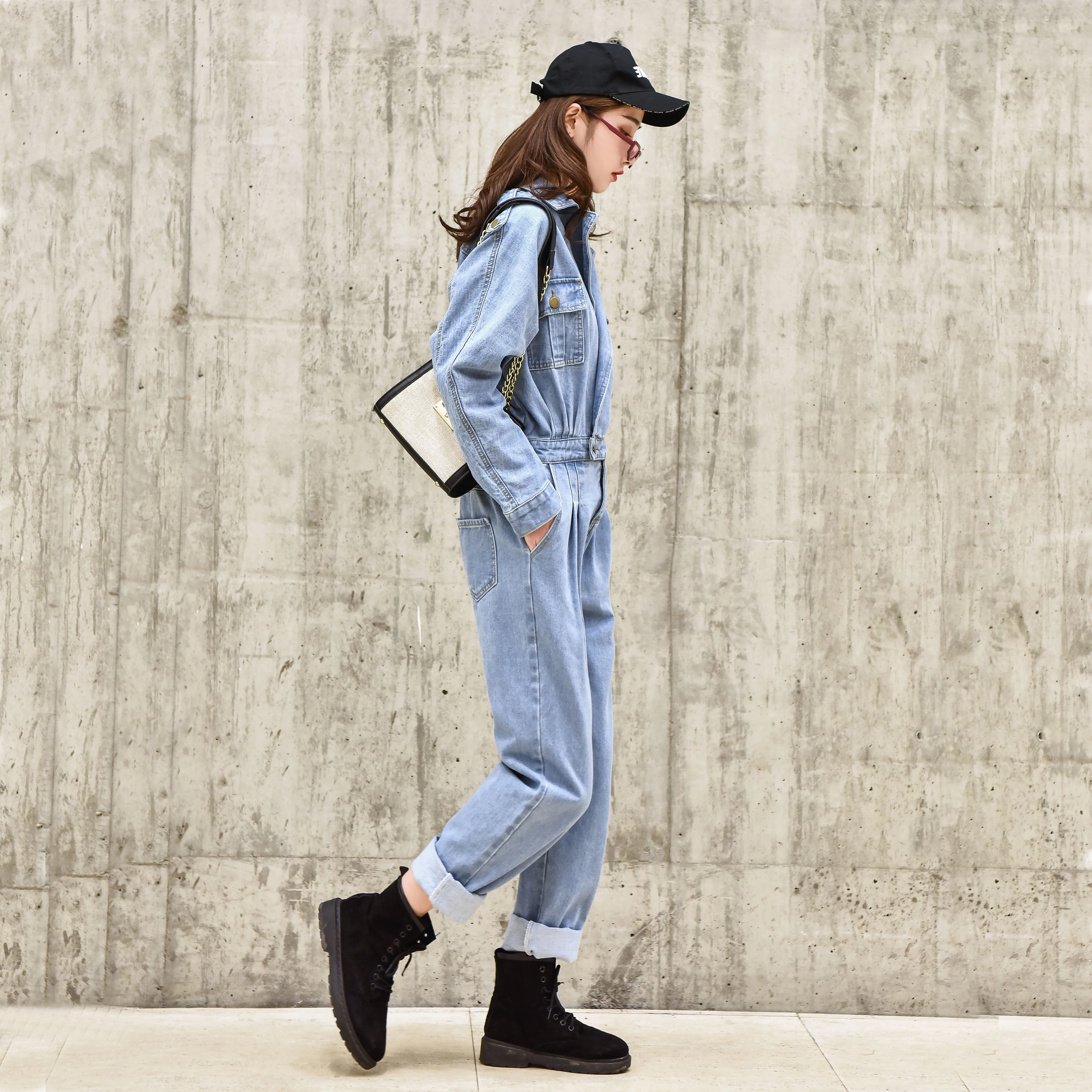 Комбинезон женский джинсовый с высокой талией винтажный синий комбинезон из