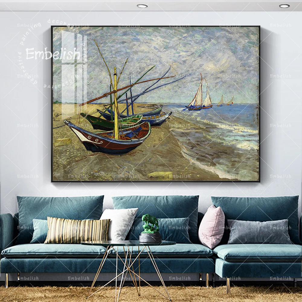 

Embelish Fishing Boats On The Beach Landscape Wall Art Pictures For Living Room Vincent Van Gogh Canvas Oil Painting Home Dcor