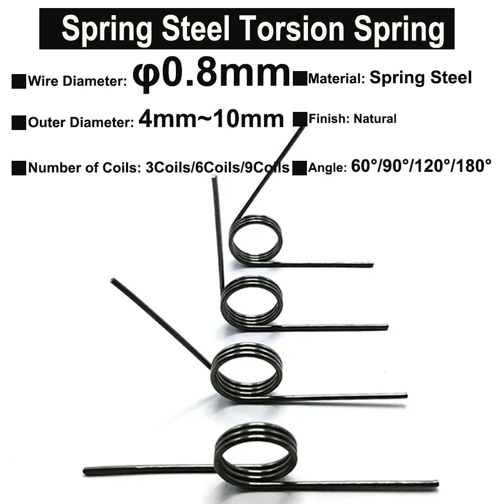 10Pcs Wire Diameter 0.8mm Spring Steel Torsion Spring Hairpin Springs 3Coils/6Coils/9Coils Angle 60°/90°/120°/180°
