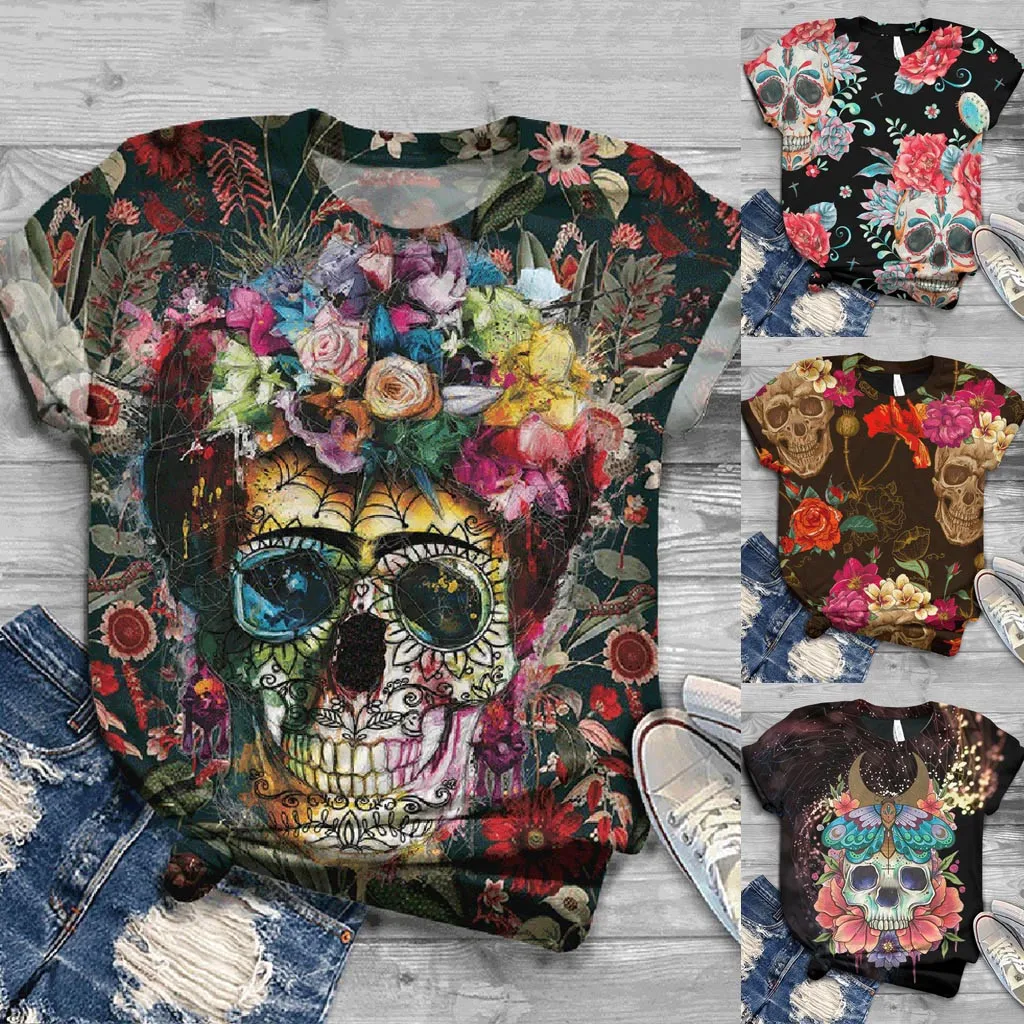

T-shirts Lady casual 3D Skull color prints O-Neck T-shirt women short sleeve top female T-shirts For Women Clothing