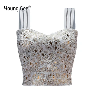 Женский эластичный бандаж Young Gee, коротко Обрезанные Топы на тонких бретелях, сексуальный укороченный топ с принтом золотых перьев для фитнеса, уличная одежда