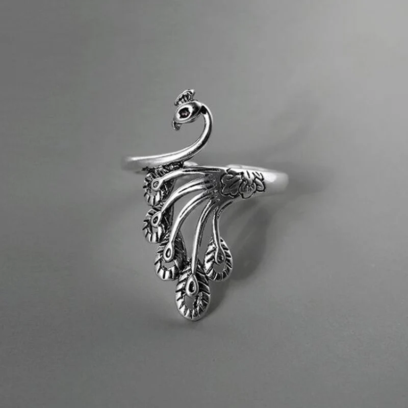 

Retro 925 Sterling Silver Jewelry Thai Silver Personality Exquisite Peacock Large Antique Accessories Female Opening Rings