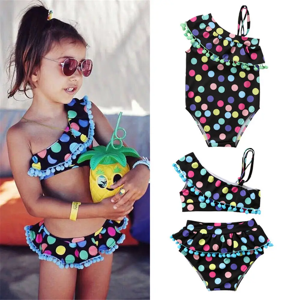 

Cute Kids Baby Girls Polka Dot Swimsuit With Tassel Swimwear Bathing Suit Bikini Sets Summer Beachwear Swimming Costume