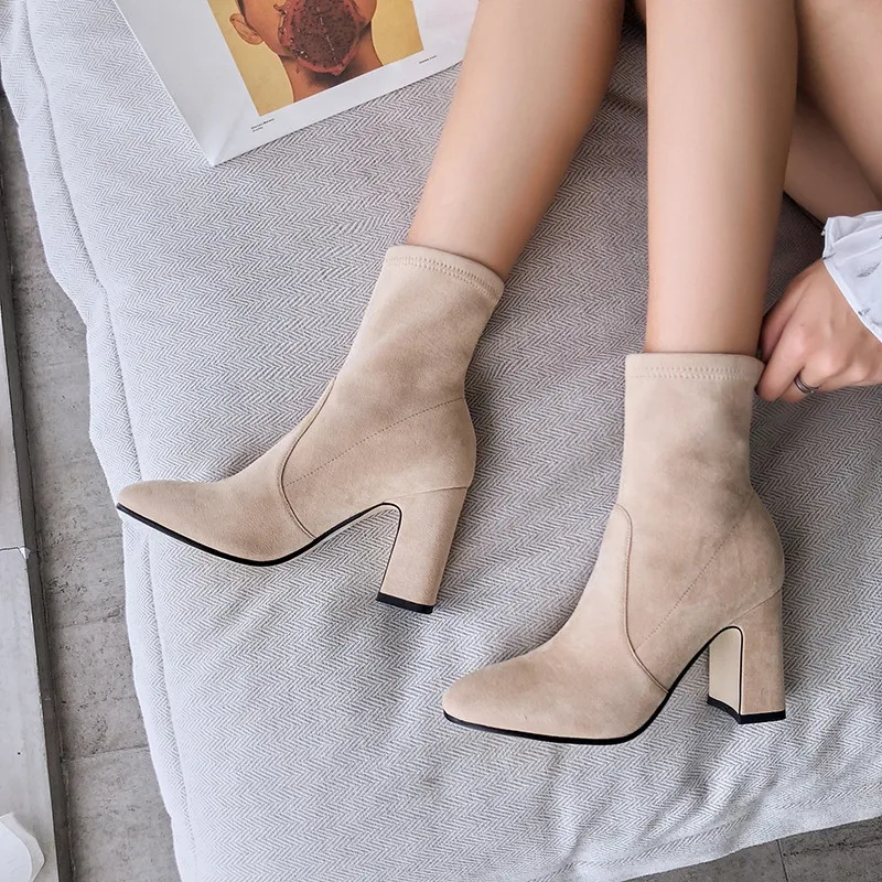 

MEMUNIA 2020 newest high heel Elastic boots women solid colors casual shoes round toe autumn winter ankle boots woman black