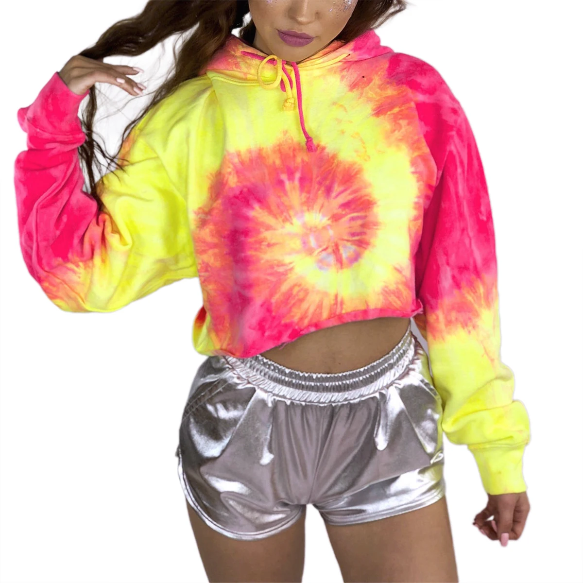 Women Short Tie Dye Hoodie Long Sleeve Sweatshirts with Drawstring Casual Style Pullover