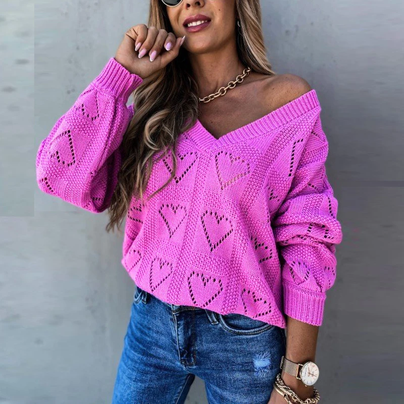 

Elegant Off Shoulder Women Autumn Winter Sweaters Hollow Out See Through V-Neck Long Sleeve Solid Color Casual Loose Knitted Top