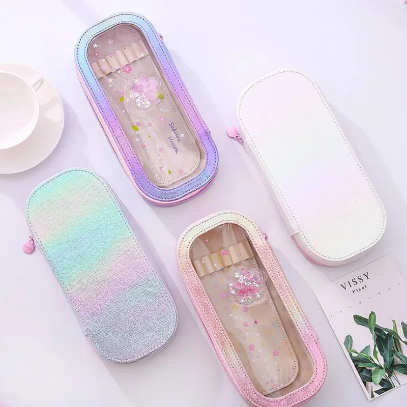 Кавайный чехол для карандаша и сверкающим узором сыпучего песка масла ПВХ пенал