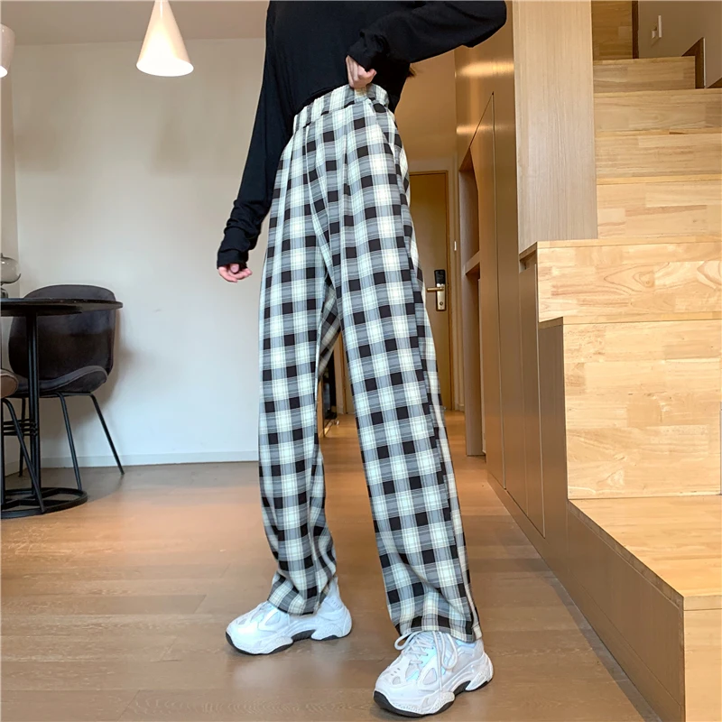 

Female Plaid Trousers Simple Spring Joker Pants Since Straight Waist Drape Loose Thin Leisure Wide-Legged Pants