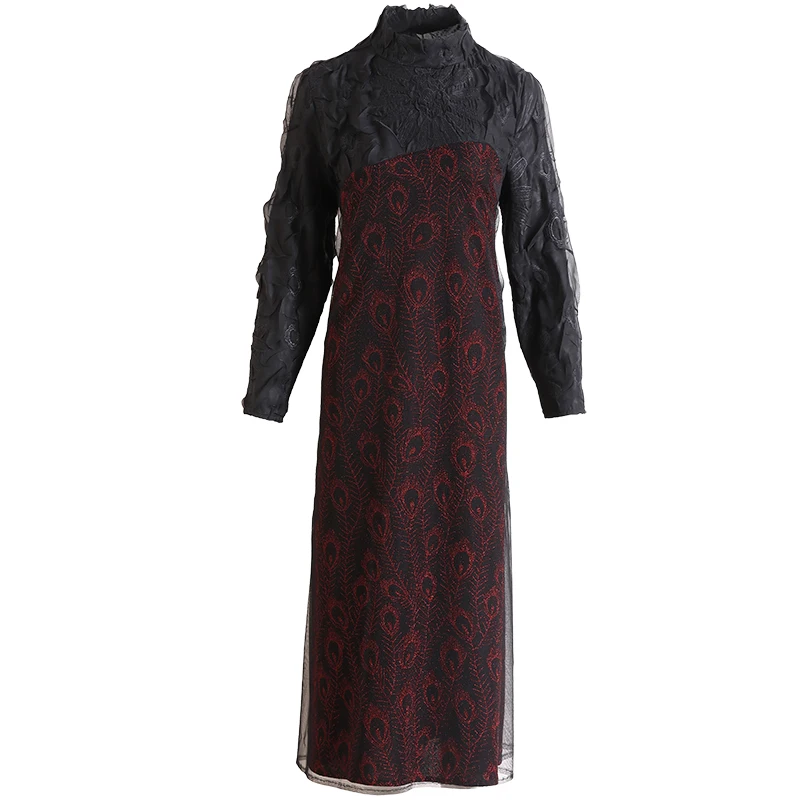 

Women Dress Plus Size Mesh Embroidery Autumn Middle-age Mother Round Neck Fashion Patchwork Loose Dress Mid Calf
