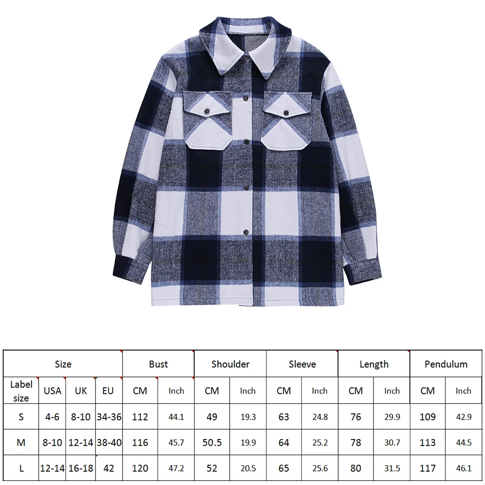 

Winter Women Coat Street Style Plaid Overshirt Wool Blend Check Lapel Collar Long Sleeve Oversized Pockets Flaps Button Jackets