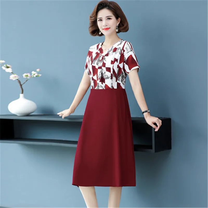 

Short Sleeve Vestido Female 2021Summer Korean Middle-Aged Women High Waist Slim Thin Print Patchwork Side Zipper Swing DressA530