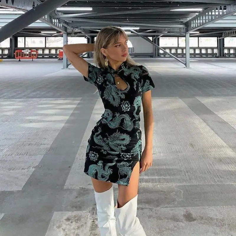 

Women Dress 2021 China Dragon Hollow Out Dress Round Neck Short Sleeve Dress Bodycon Party Short Dresses