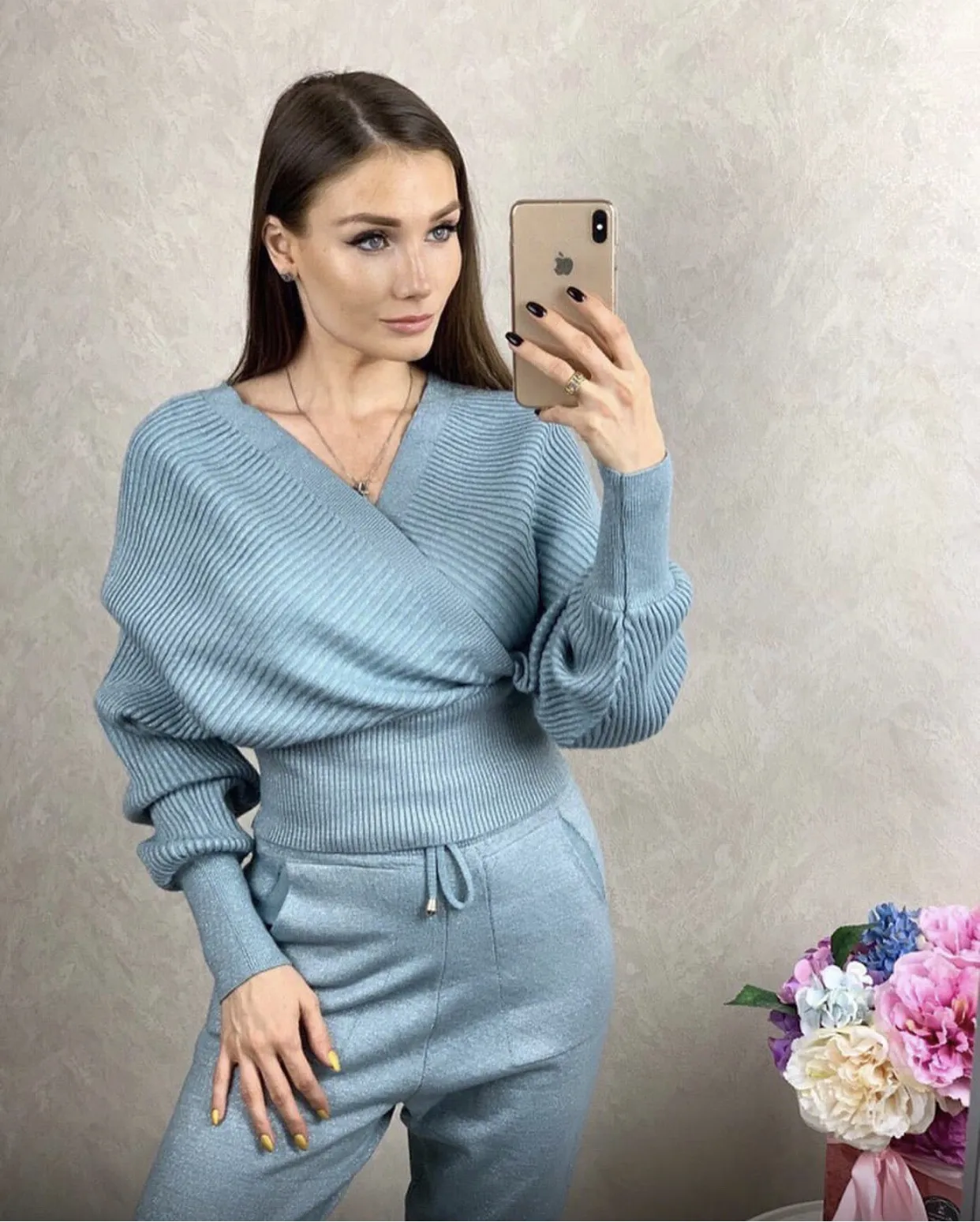 GBYXTY женская элегантная трикотажная одежда Осень Зима Женский трикотажный спортивный костюм свитер с v-образным вырезом и штаны комплект из 2 предметов наряды ZA1698