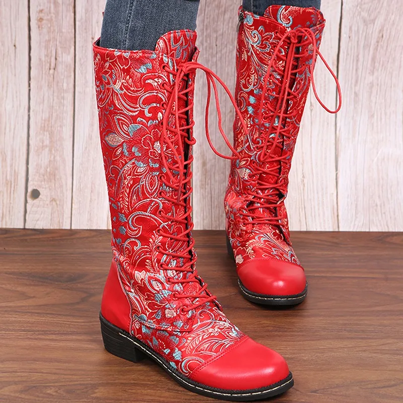 

Female Embroider High Heel Leather Shoes Knee-high Cowboy Boots Stylish Women Western Boots Autumn Vintage Long Tube Knight Boot