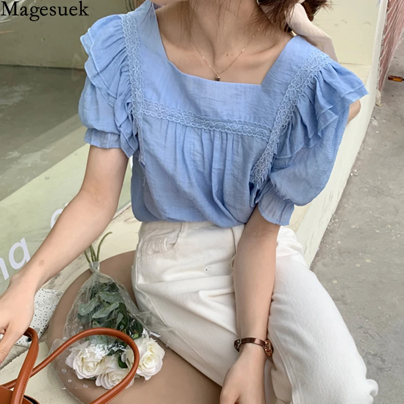 

Блузка женская свободного кроя с квадратным вырезом, милая рубашка с короткими рукавами-фонариками, кружевная хлопковая с оборками, в Корей...