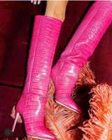 surkova women hot pink crocodile knee boots thin high heel pointed toe tall boots animal skin pattern fall winter party shoes